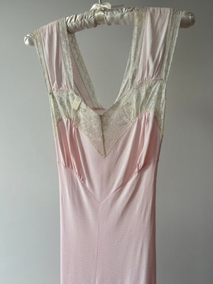 1940s Light Pink Rayon Jersey Bias Cut Slip Dress Cream Lace