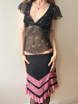 1990s Betsey Johnson Silk Black Mini Skirt Lace Ruffle