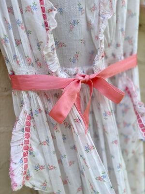 1930s White Cotton Floral Bias Cut Slip Dress Peignoir Set Puff Sleeves Pink Ribbon Rose Floral