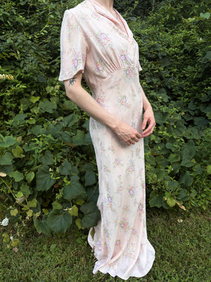 1940s Pink Rose Print Floral Bias Cut Slip Rayon Dress Short Sleeve Button