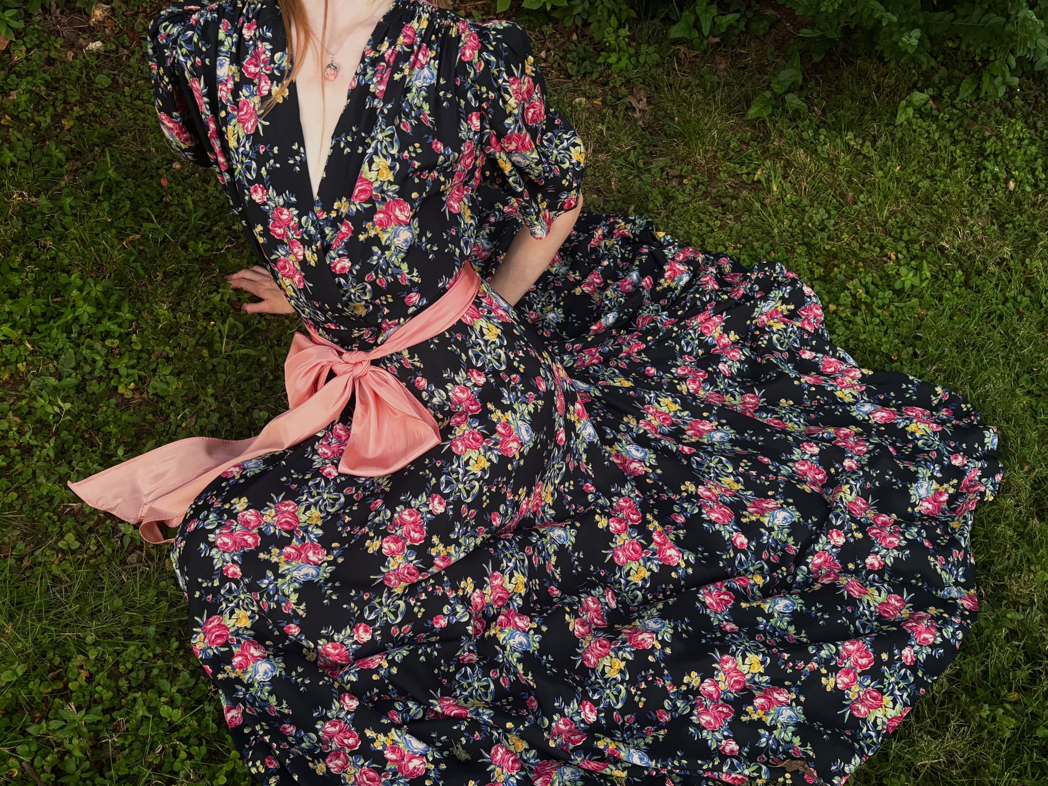 1940s Black Rose Floral Wrap Dress Printed Rayon Puff Sleeve