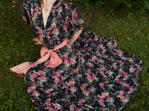1940s Black Rose Floral Wrap Dress Printed Rayon Puff Sleeve
