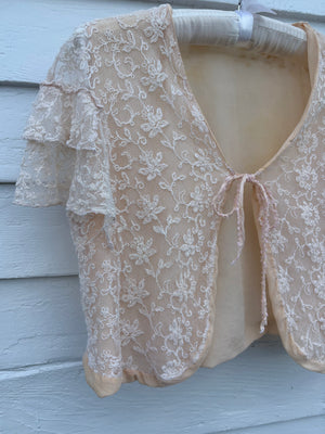 1930s Tambour Lace Bolero Leaf Embroidery Cream Peach Trim Ruffle Sleeve Tie Front Bed Jacket