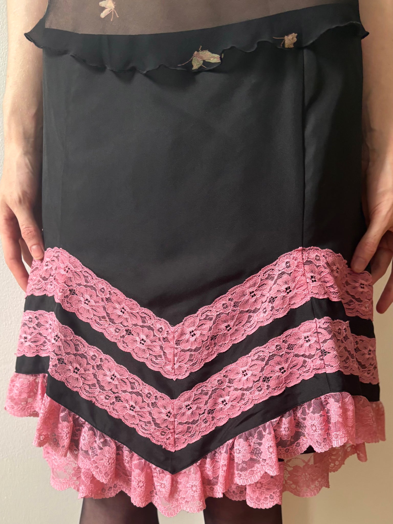 1990s Betsey Johnson Silk Black Mini Skirt Lace Ruffle