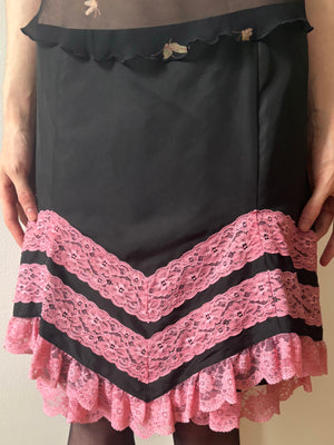 1990s Betsey Johnson Silk Black Mini Skirt Lace Ruffle