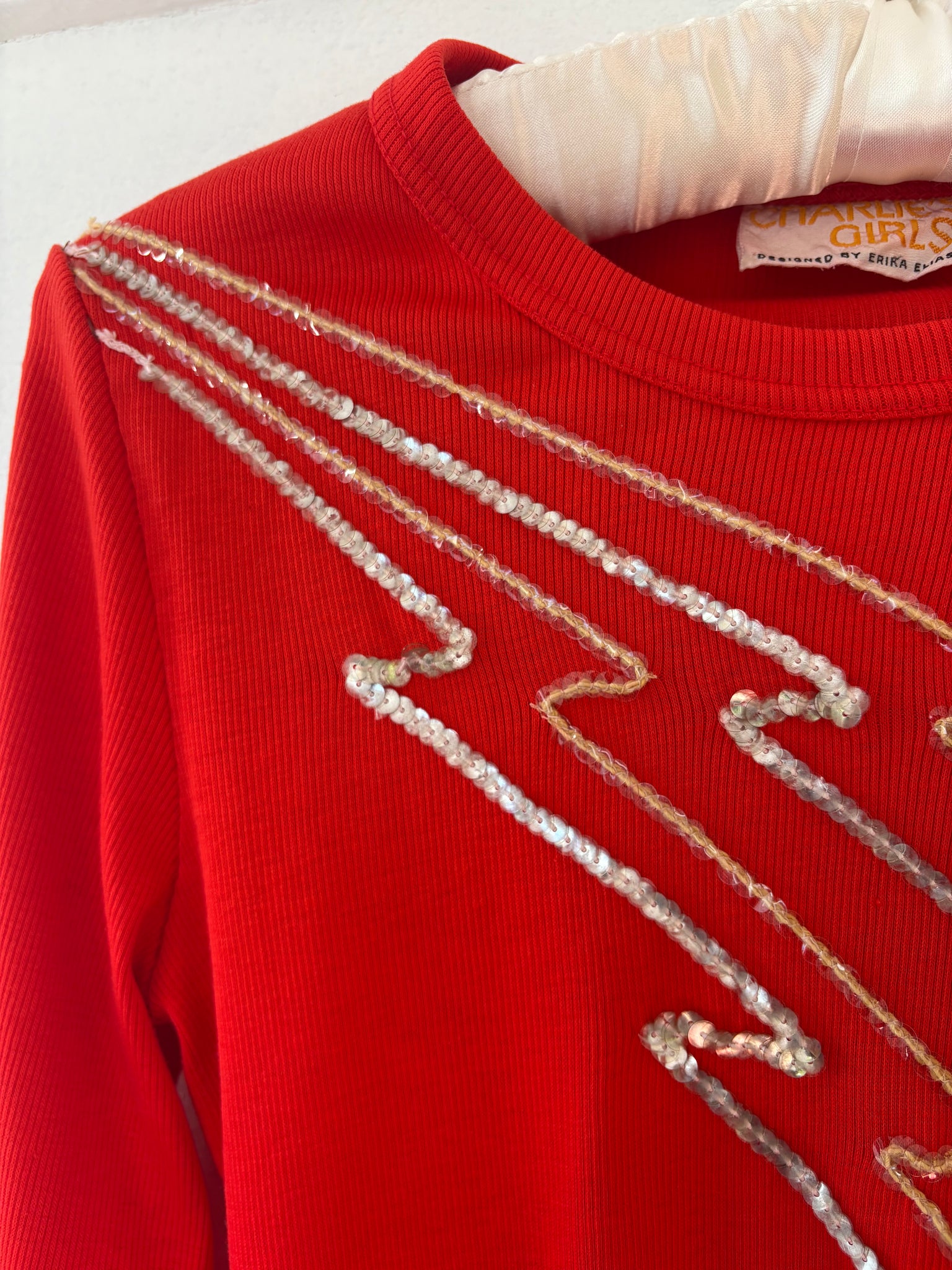 1970s Sequin Lightning Bolts Red Ribbed Tee T Shirt Long Sleeve Charlie’s Girls