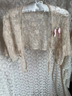 1930s Tambour Lace Bolero Ribbon Floral Flutter Sleeve Tie Front