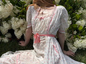 1930s White Cotton Floral Bias Cut Slip Dress Peignoir Set Puff Sleeves Pink Ribbon Rose Floral
