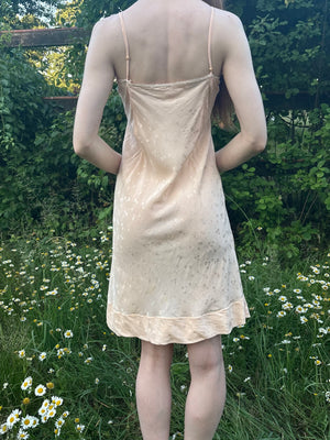1940s Peach Brocade Silk Cream Net Floral Appliqué Bias Cut Slip Midi Dress