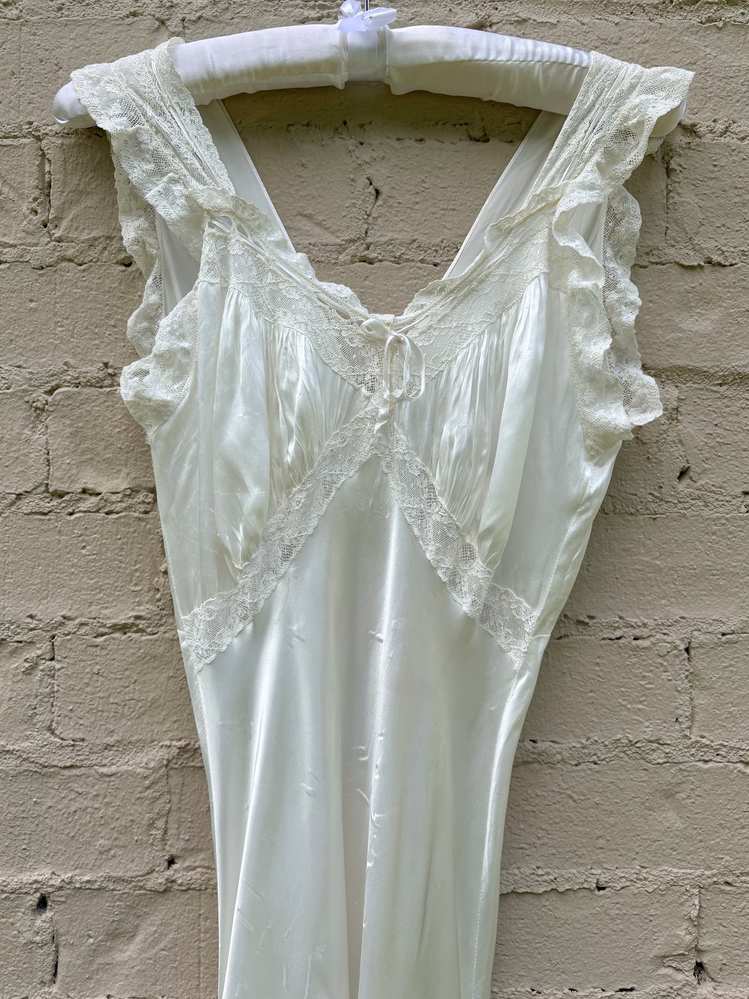 1940s Rayon Satin White Bias Cut Slip Dress Lace Wedding Gown
