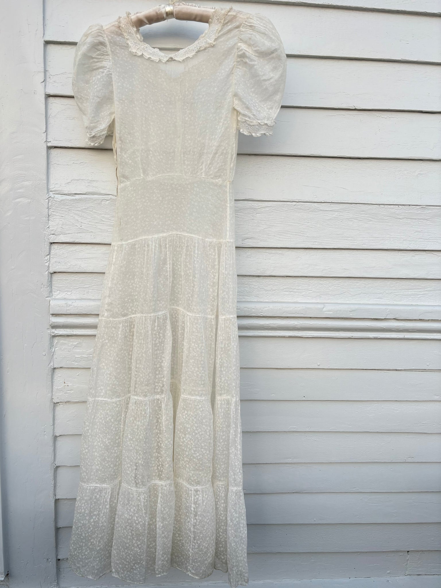 1940s Silk Orgnaza Floral Printed Ruffle Sheer Puff Sleeve Dress Wedding Gown