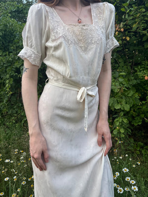 1940s Silk Brocade White Bias Cut Slip Dress Net Mesh Appliqué Lace Wedding Gown Open Sleeves
