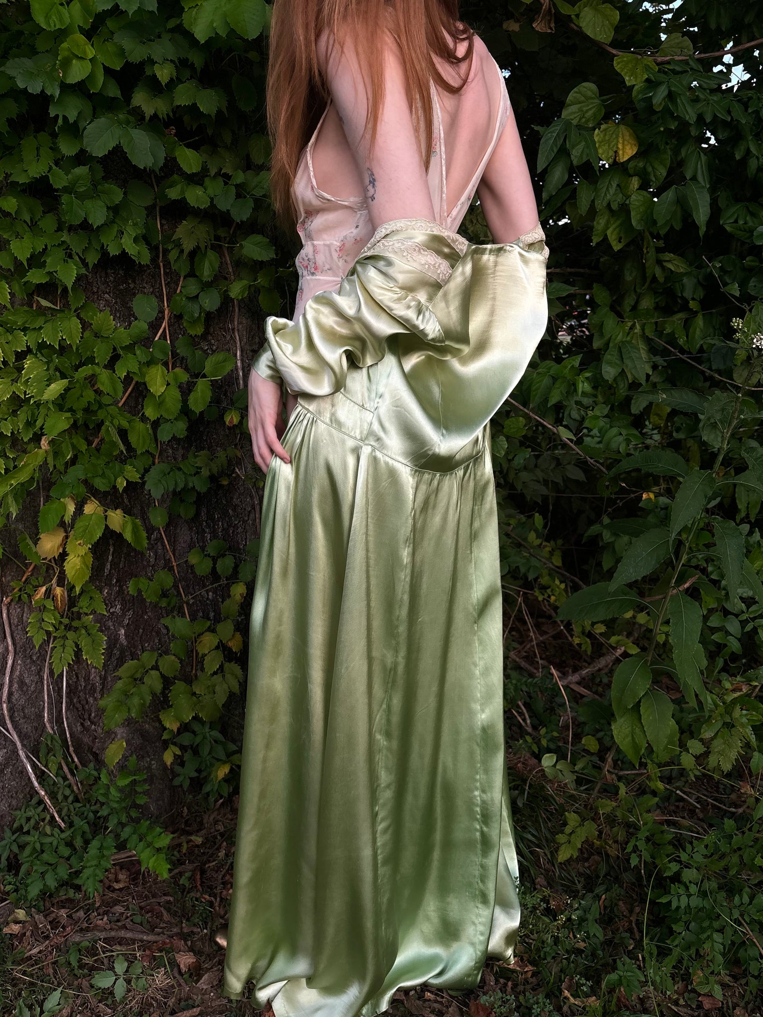 1940s Green Rayon Satin Lace Robe Peignoir