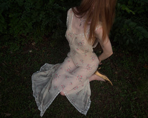 1930s Silk Chiffon Floral Print Cream Lace Bias Cut Slip Dress
