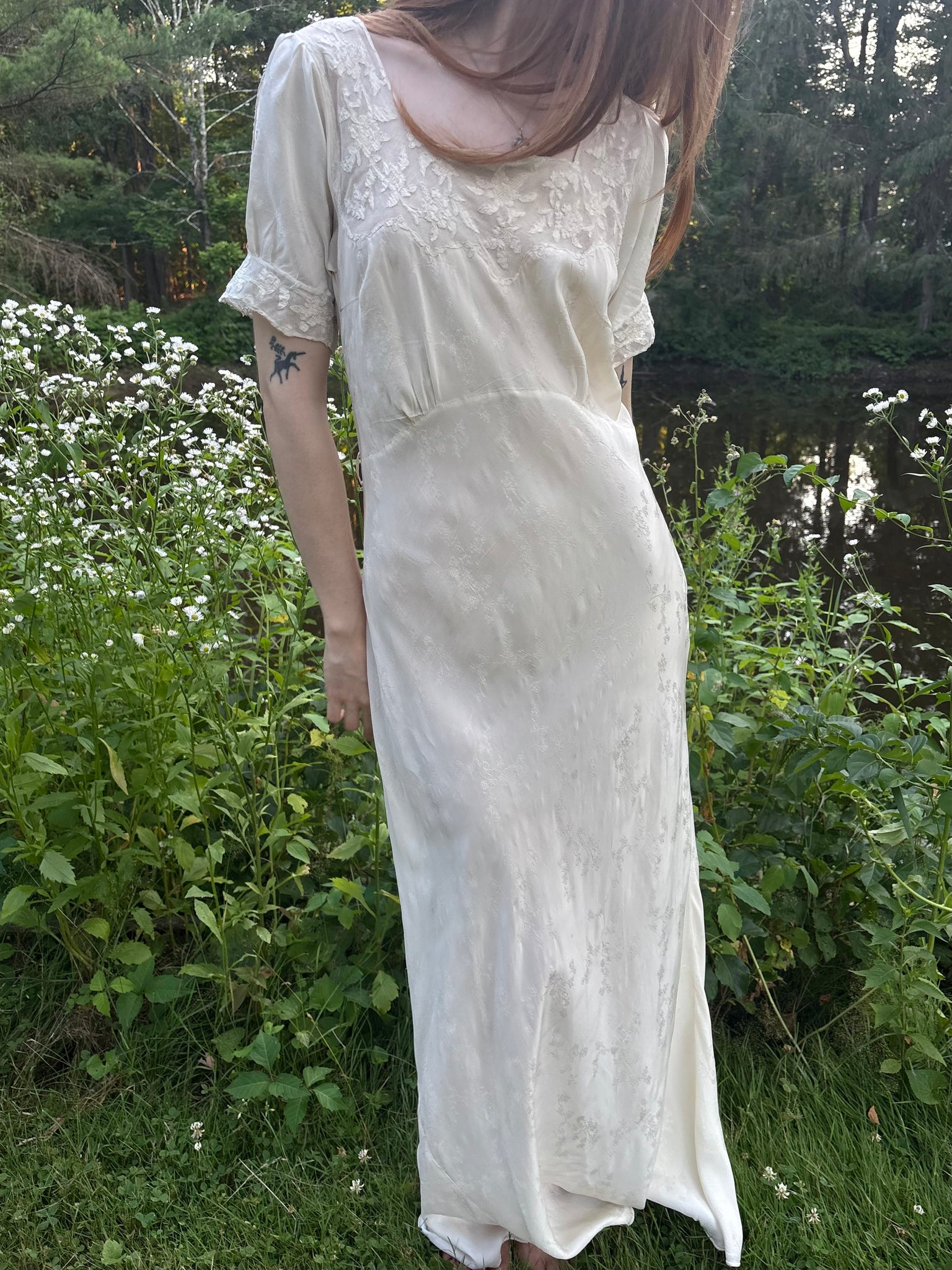 1940s Silk Brocade White Bias Cut Slip Dress Net Mesh Appliqué Lace Wedding Gown Open Sleeves