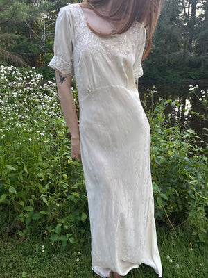 1940s Silk Brocade White Bias Cut Slip Dress Net Mesh Appliqué Lace Wedding Gown Open Sleeves