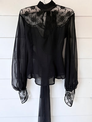 1970s Victorian Style Black Floral Mesh Sheer Lace Long Balloon Sleeve Blouse