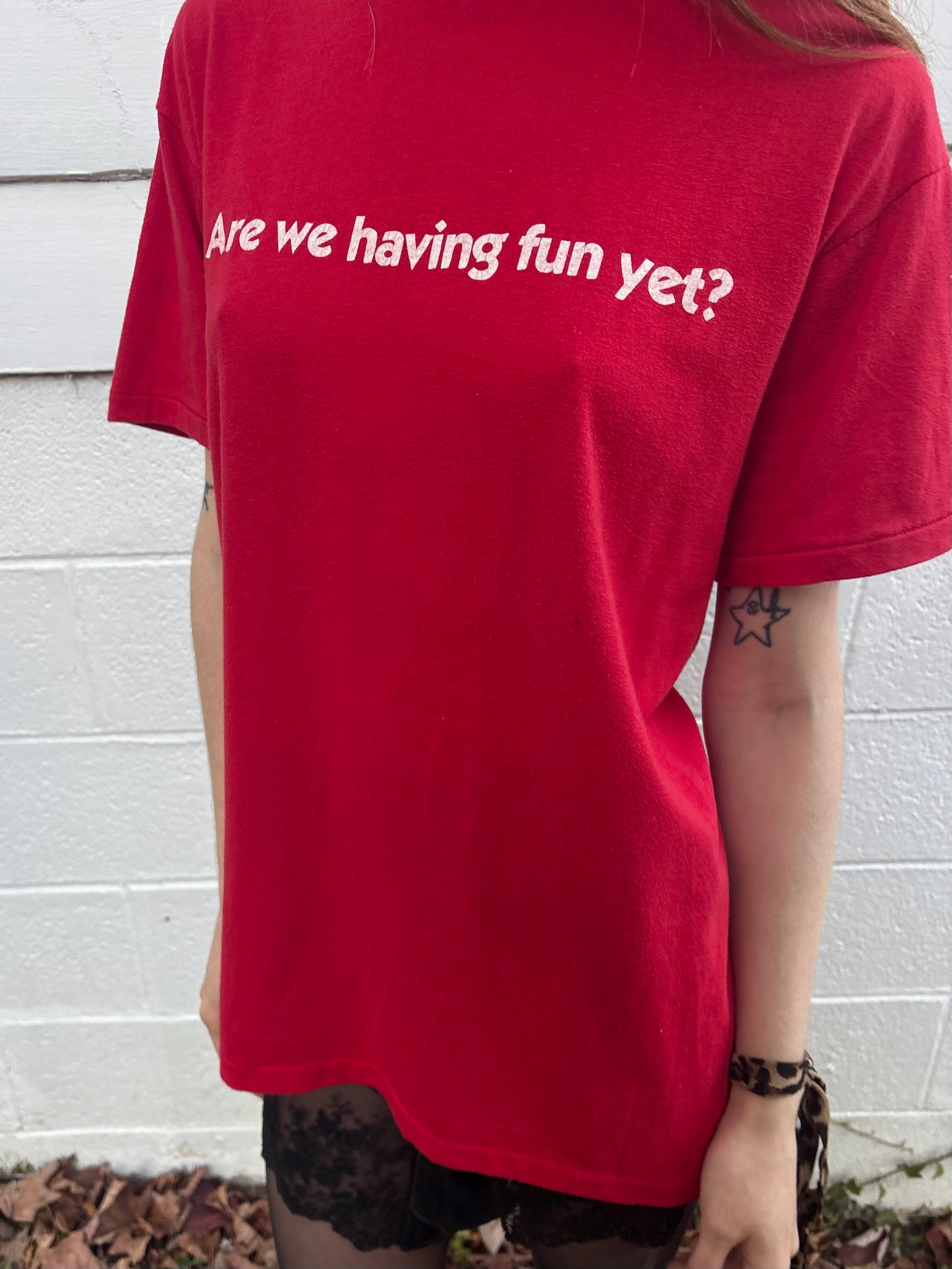 1980s Red Tee T Shirt Short Sleeve Are We Having Fun Yet?