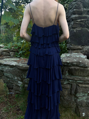 1980s Navy Blue Silk Chiffon Ruffle Cascade Dress Long Gown