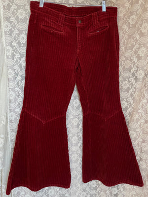 1970s Dark Red Corduroy Pants Wide Leg Bell Bottom