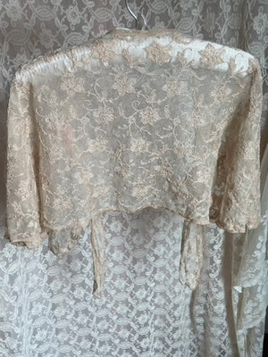 1930s Tambour Lace Bolero Ribbon Floral Flutter Sleeve Tie Front