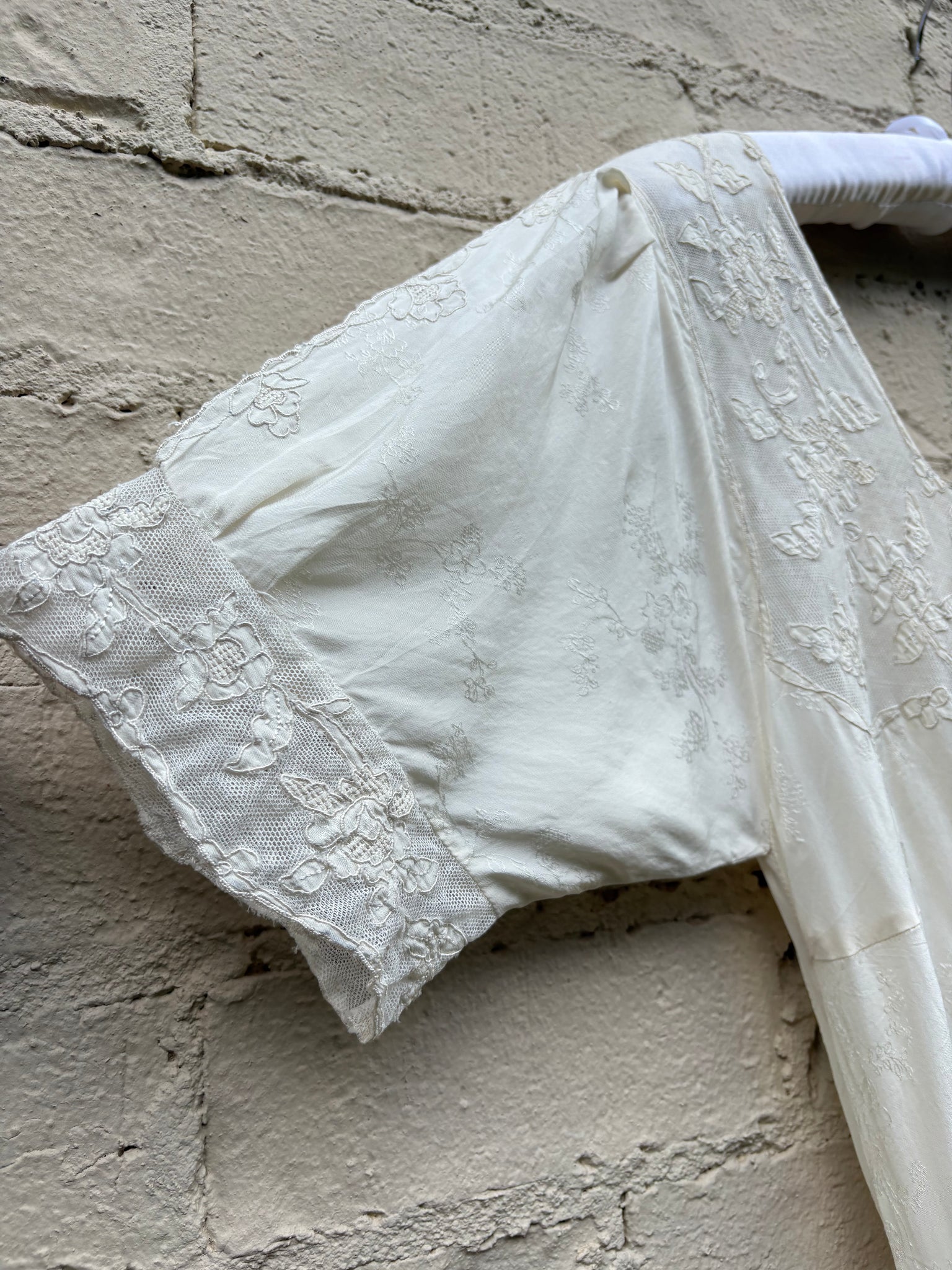 1940s Silk Brocade White Bias Cut Slip Dress Net Mesh Appliqué Lace Wedding Gown Open Sleeves