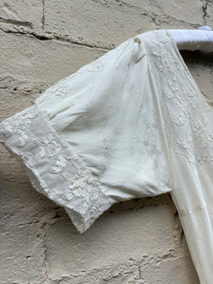 1940s Silk Brocade White Bias Cut Slip Dress Net Mesh Appliqué Lace Wedding Gown Open Sleeves