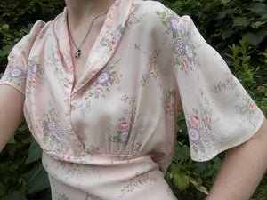 1940s Pink Rose Print Floral Bias Cut Slip Rayon Dress Short Sleeve Button