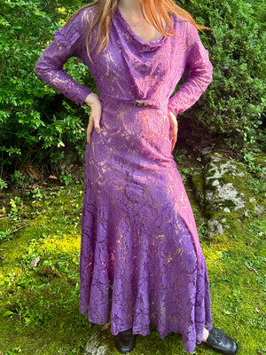 1930s Purple Floral Lace Dress Gown Crystal Belt