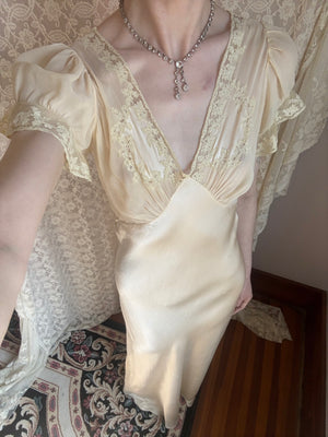 1930s Silk Chiffon Bias Cut Slip Dress Cream Lace Sheer Puff Sleeves Bridal Gown