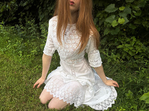 1900s Edwardian Rose Floral Embroidered White Cotton Dress Gown Wedding