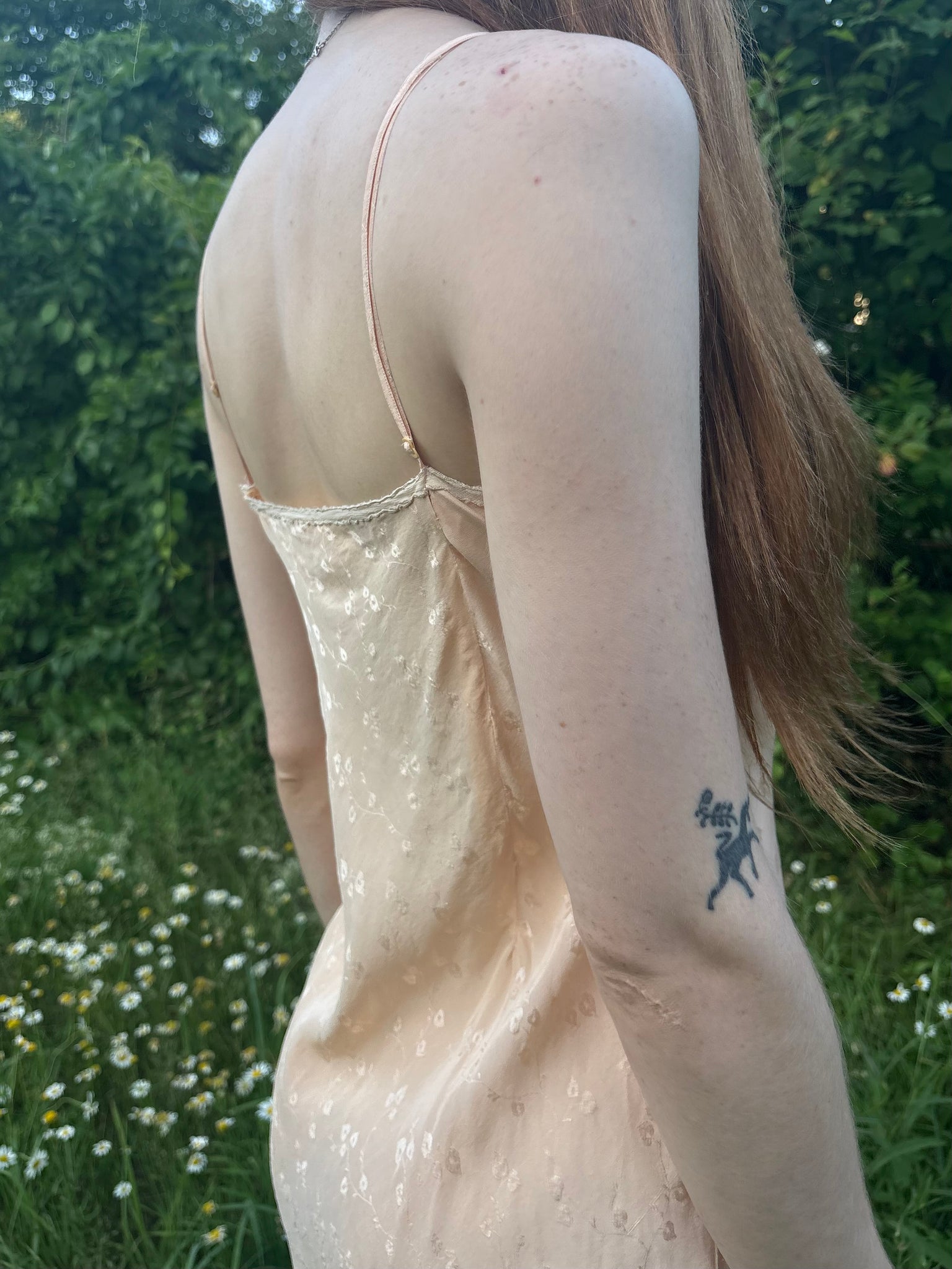 1940s Peach Brocade Silk Cream Net Floral Appliqué Bias Cut Slip Midi Dress