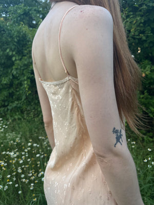 1940s Peach Brocade Silk Cream Net Floral Appliqué Bias Cut Slip Midi Dress