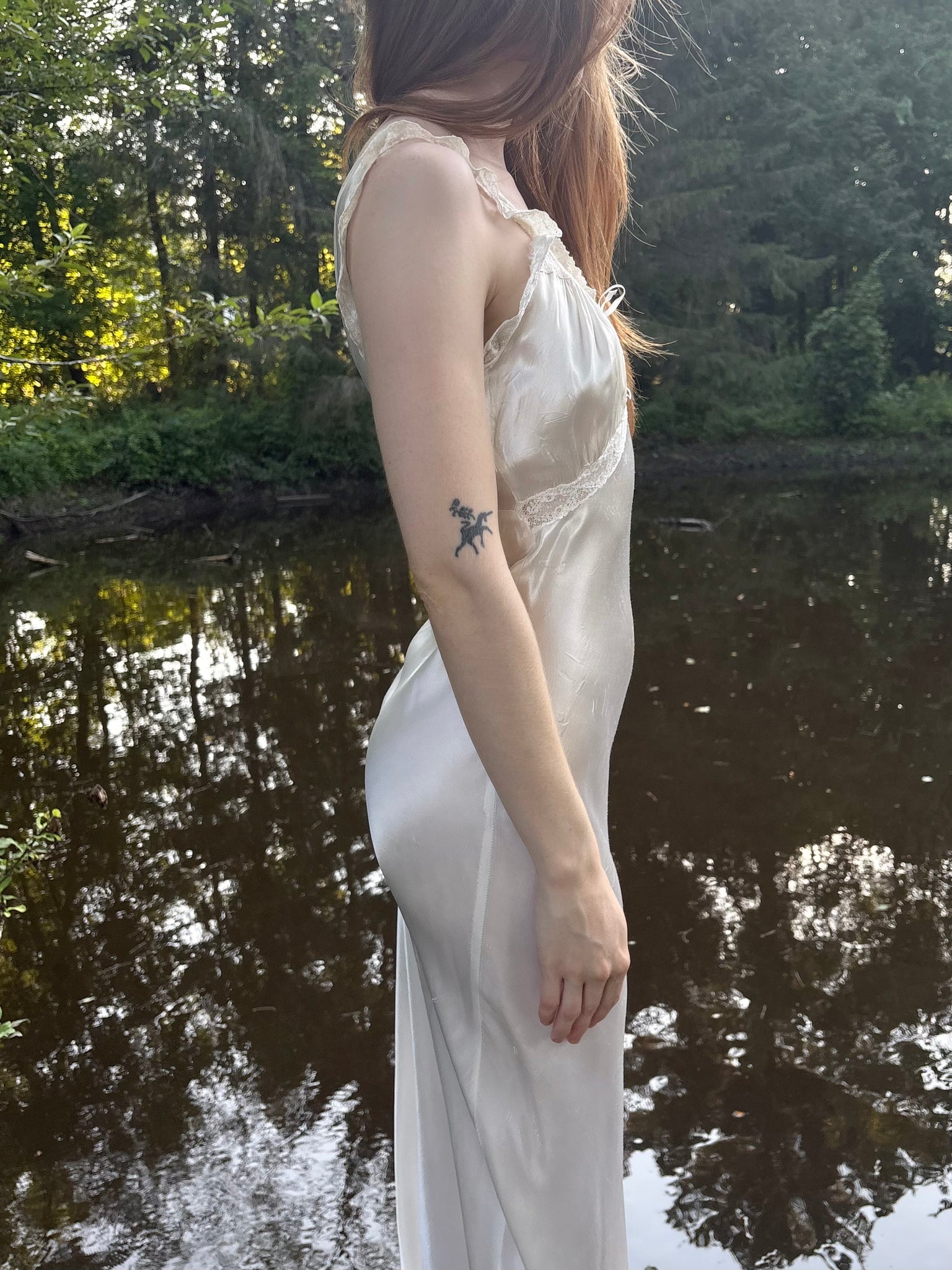 1940s Rayon Satin White Bias Cut Slip Dress Lace Wedding Gown