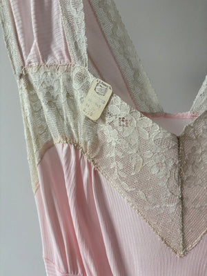 1940s Light Pink Rayon Jersey Bias Cut Slip Dress Cream Lace