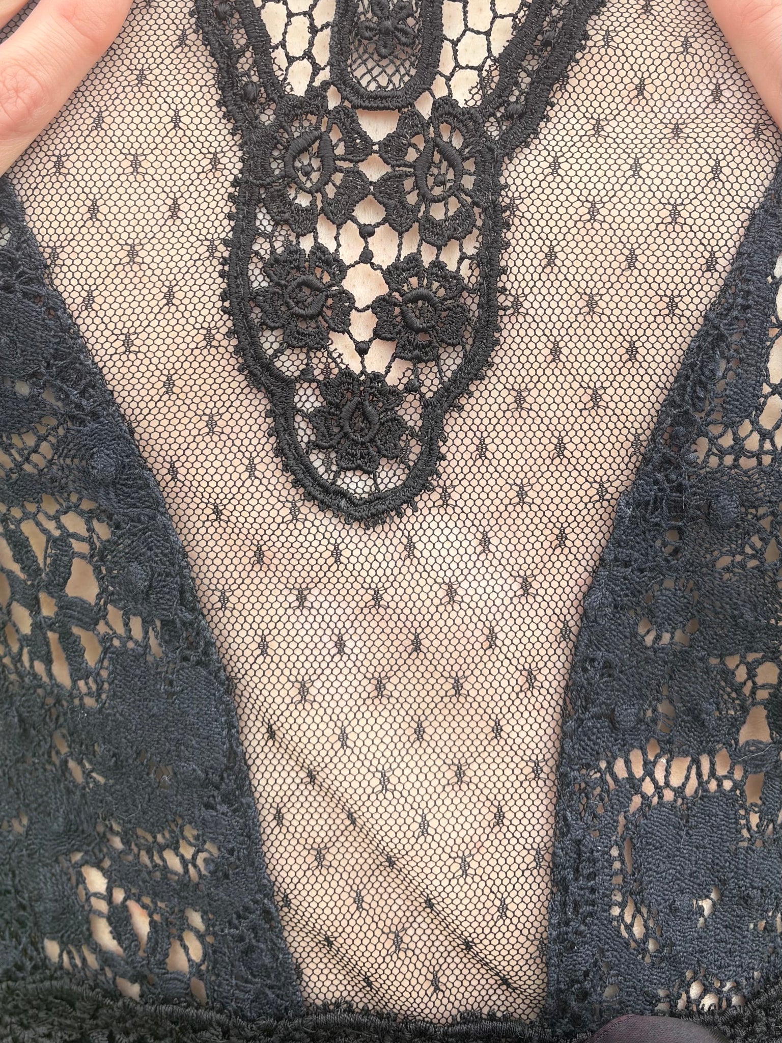 1970s Victorian Style Black Floral Mesh Net Lace Long Balloon Sleeve Blouse