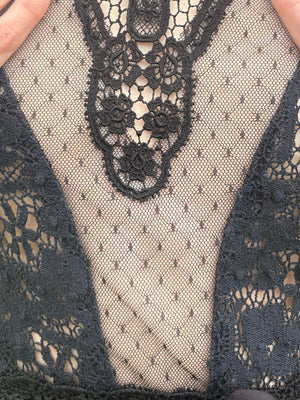 1970s Victorian Style Black Floral Mesh Net Lace Long Balloon Sleeve Blouse