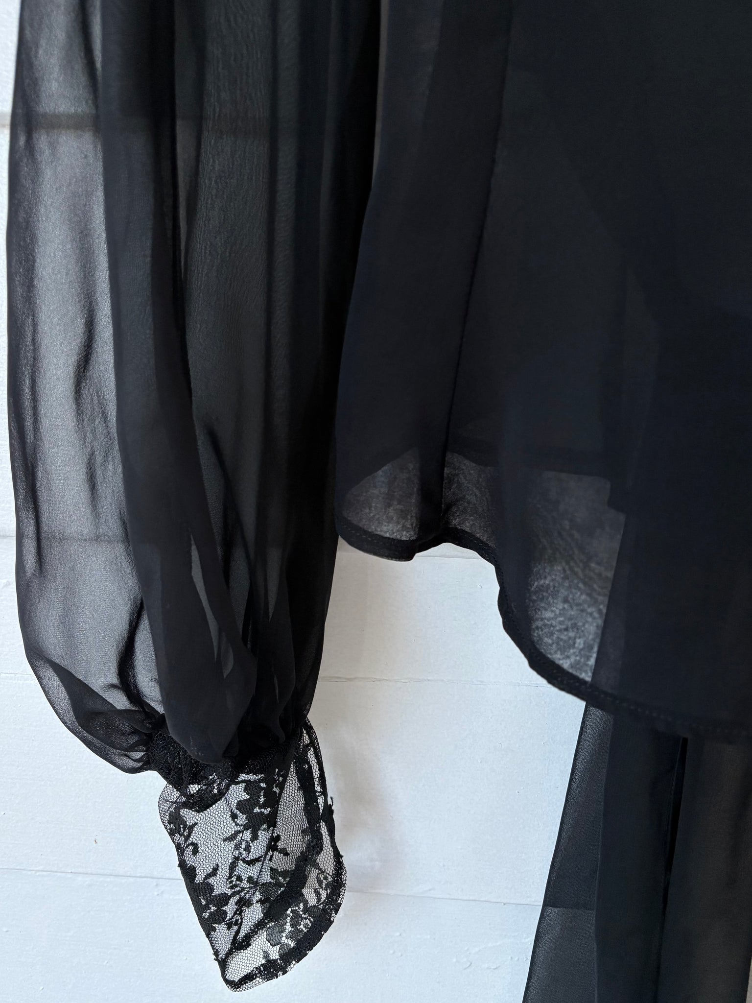 1970s Victorian Style Black Floral Mesh Sheer Lace Long Balloon Sleeve Blouse