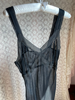 1940s Black Sheer Bias Cut Slip Rayon Dress