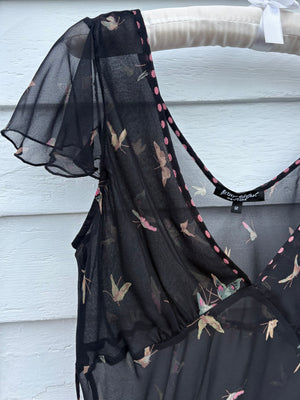 1990s Betsey Johnson Black Silk Chiffon Butterfly Print Blouse