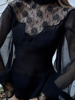 1970s Victorian Style Black Floral Mesh Sheer Lace Long Balloon Sleeve Blouse