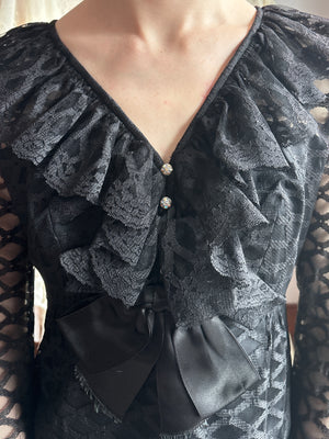 1960s Black Lace Long Sleeve Mini Dress Bow Plaid Mesh Bow