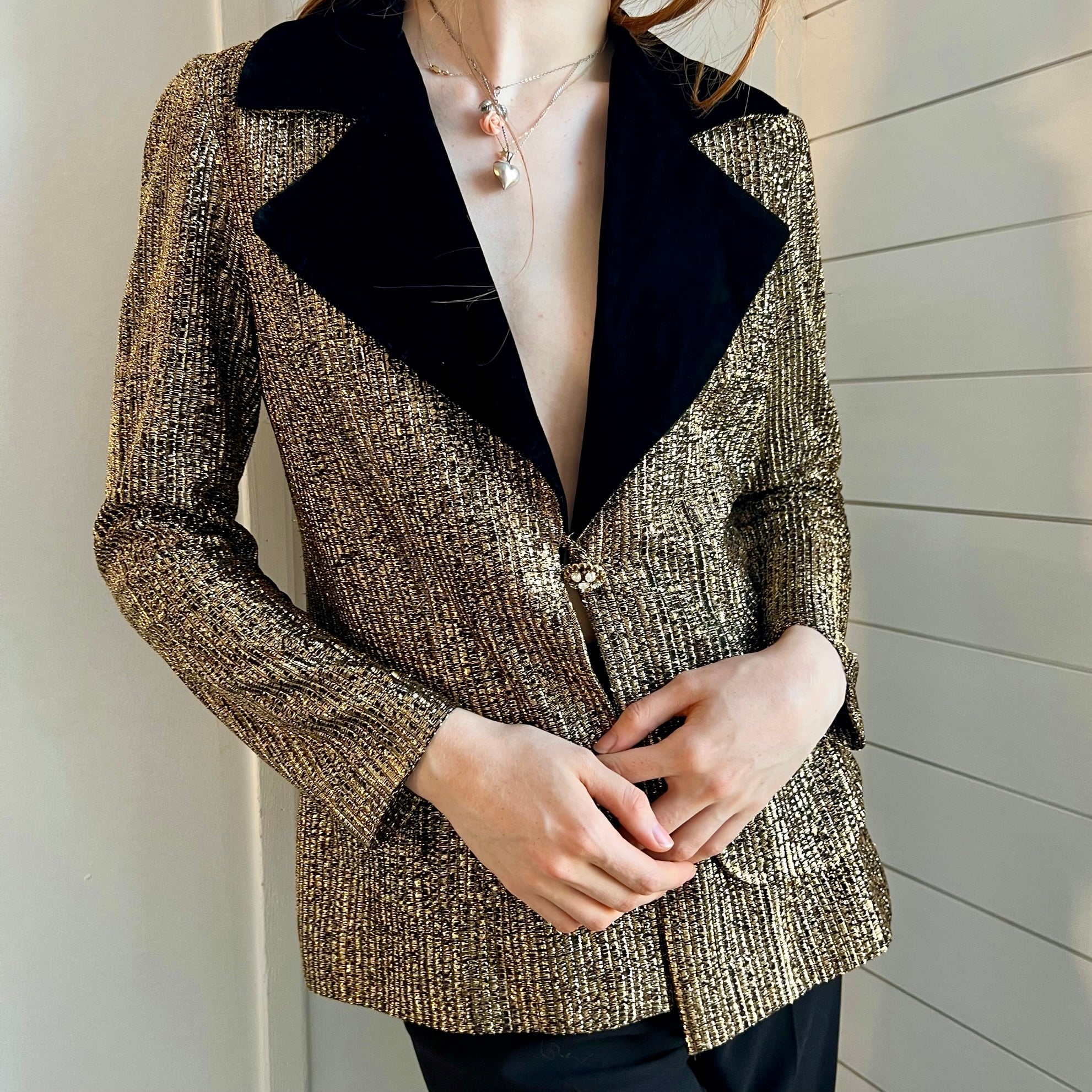1970s Gold Lurex Black Velvet Blazer Holiday