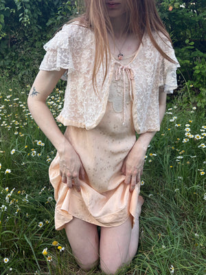 1940s Peach Brocade Silk Cream Net Floral Appliqué Bias Cut Slip Midi Dress