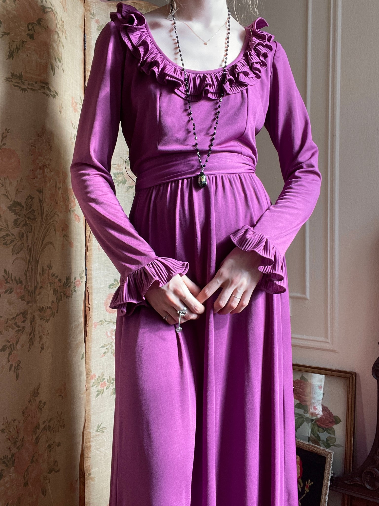 1970s Purple Victor Costa Ruffle Drape Long Sleeve Maxi Dress