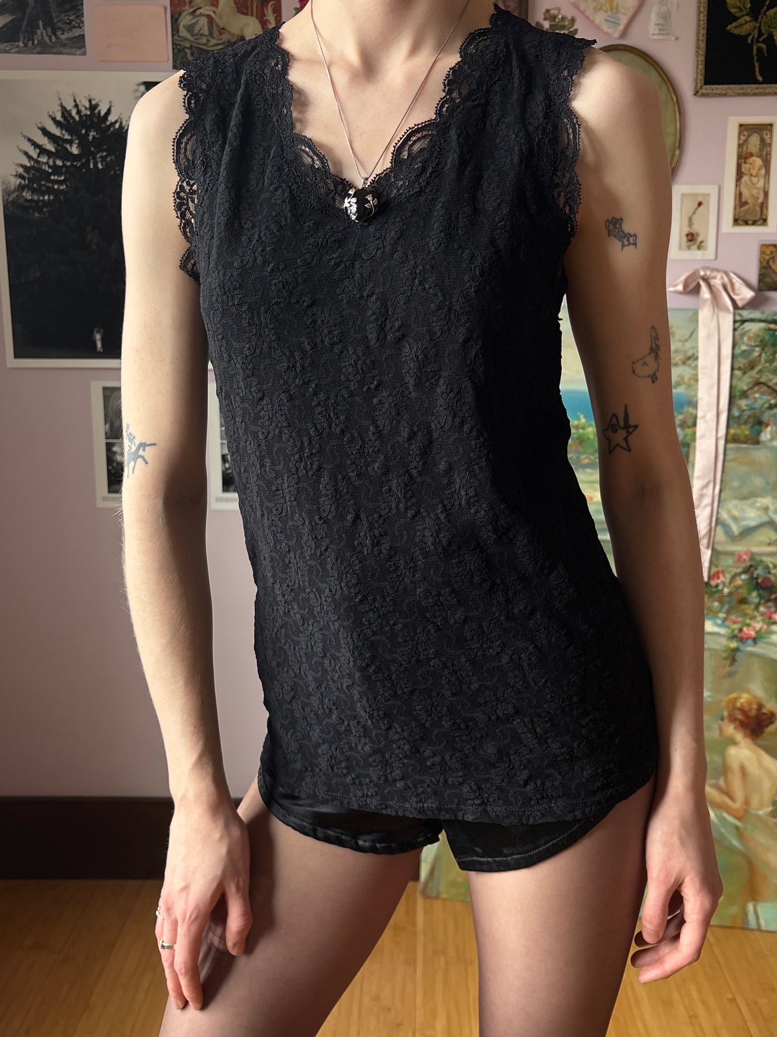 1990s Black Lace Deadstock Tank Top Only Hearts
