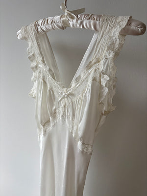 1940s Rayon Satin White Bias Cut Slip Dress Lace Wedding Gown