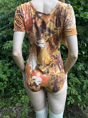 1970s Art Nouveau Woman Face Mucha Print Bodysuit