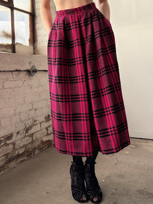 1980s Hot Pink Black Wool Plaid Midi Skirt