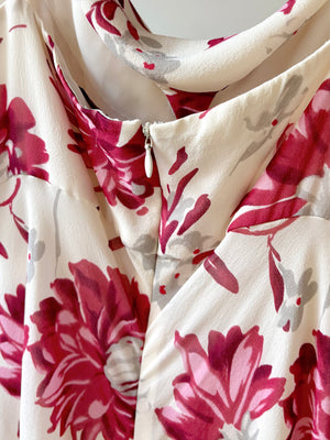 1990s Silk Floral Cream Cowl Neck Dress